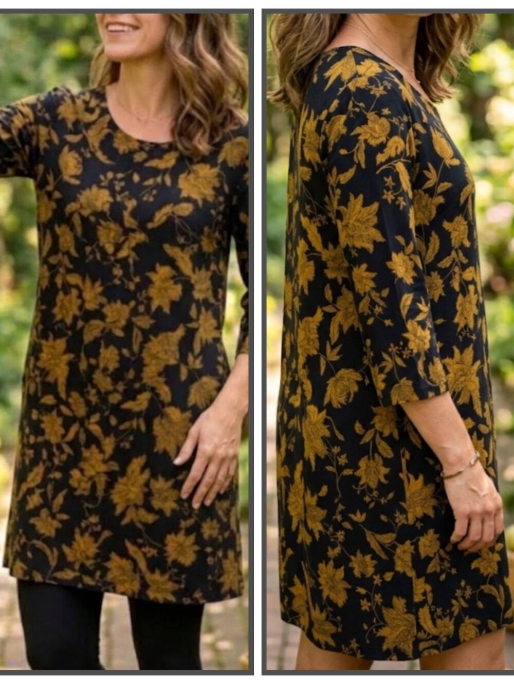 Masai Womens Gizze Tunic Size Large Black Golden Yellow Fall Botanical